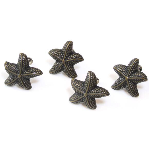 Antique Bronze Drawer Pull Knob Set 4 Beach Starfish Sea Star Nautical w/ Screws - Picture 2 of 4